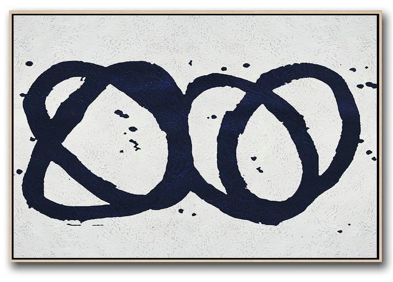 Lounge Wall Decor,Horizontal Navy Painting Abstract Minimalist Art On Canvas,Original Modern Art,Large Wall Art Handmade